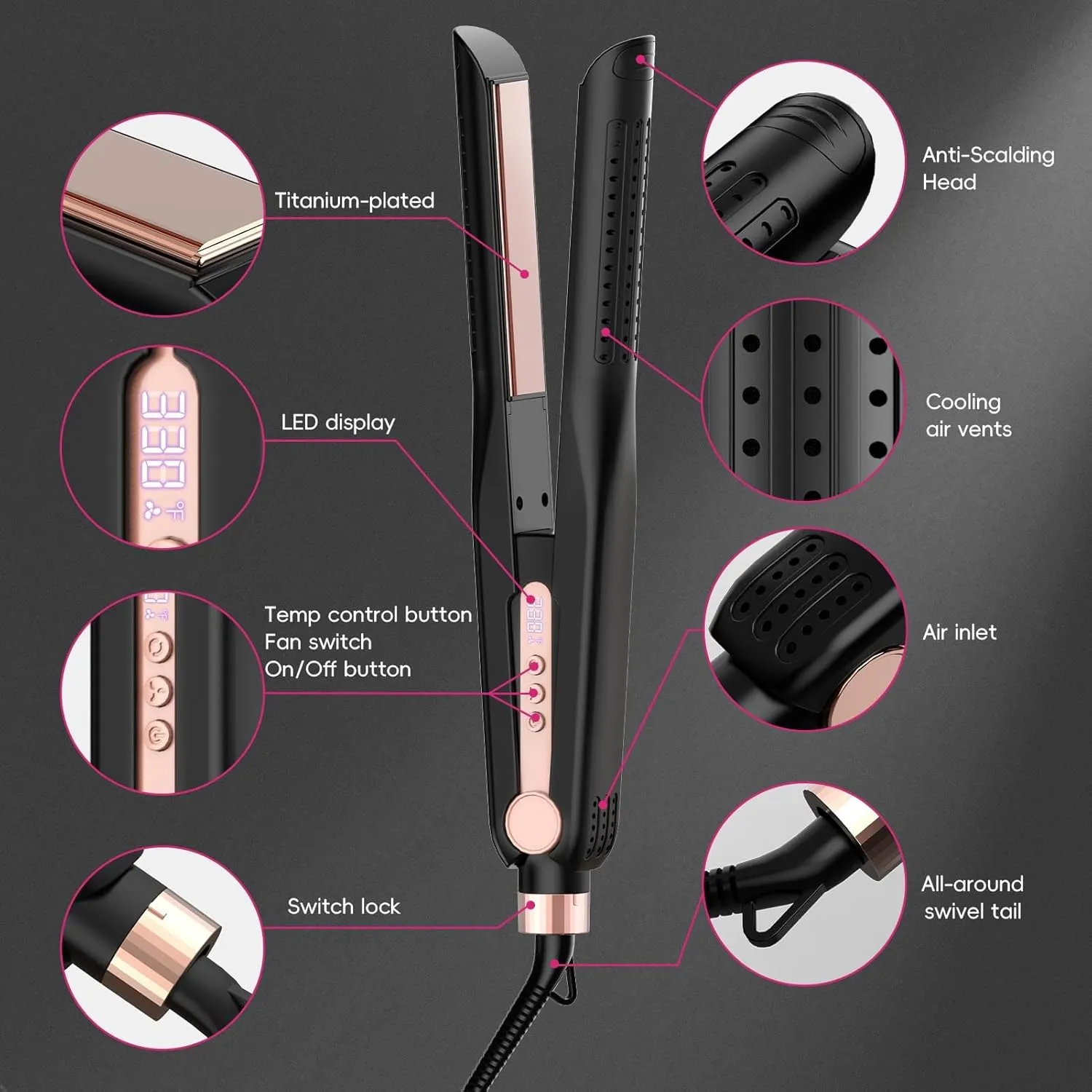 SKIMI Airflow Styler, Titanium Flat Iron Hair Straightener, Professional Curling Iron with Cooling Air Vents to Lock in Style, 5 Temps & Dual Voltage, Auto Off(Black & Blush Gold).