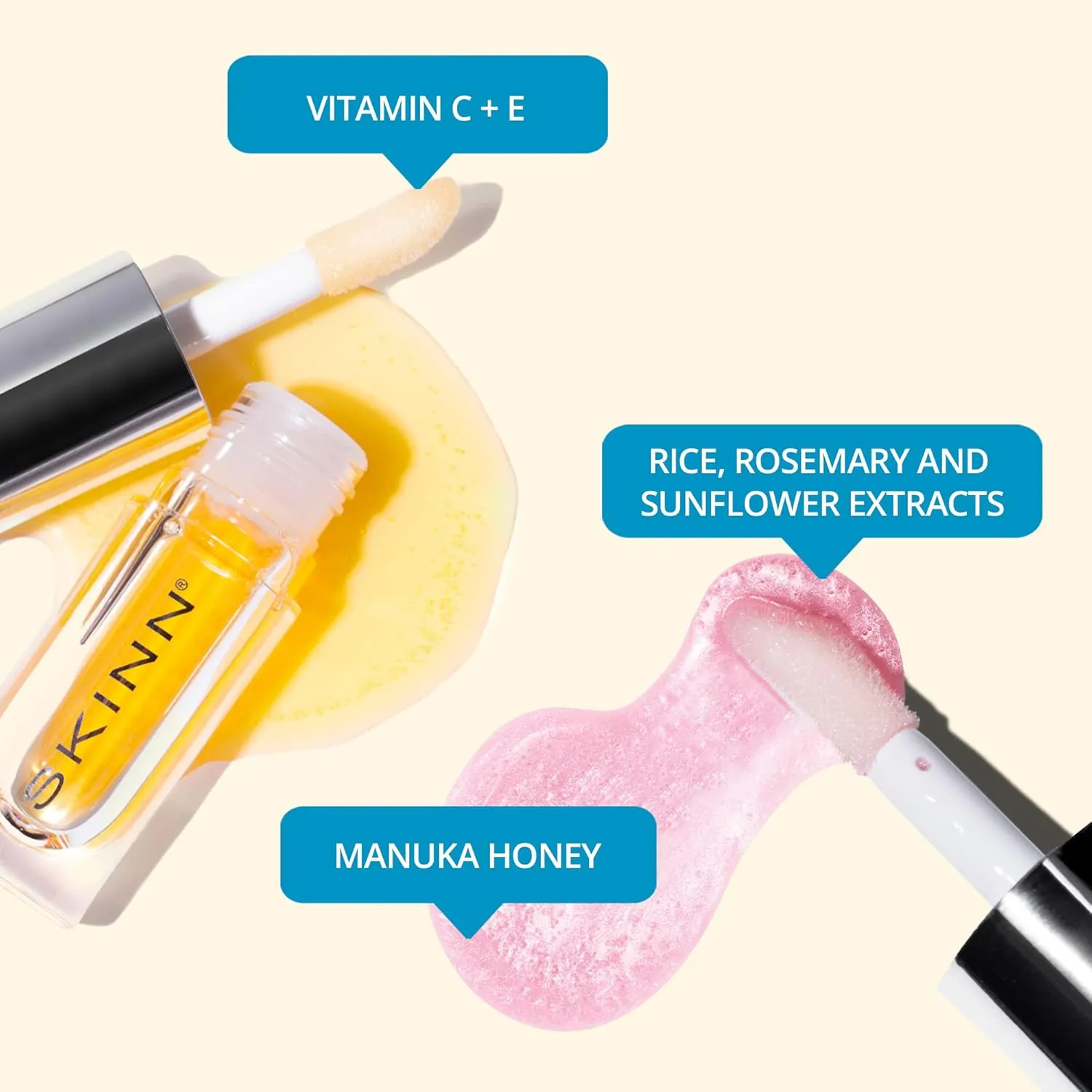 SKINN Luminous Lip Oil Bundle, 2-Piece (Golden & Blush) - Support Collagen Production, Smooth Lines & Soothe Dry Cracked Lips - Improves Elasticity, Texture & Luminosity - Vitamin C & Manuka Honey