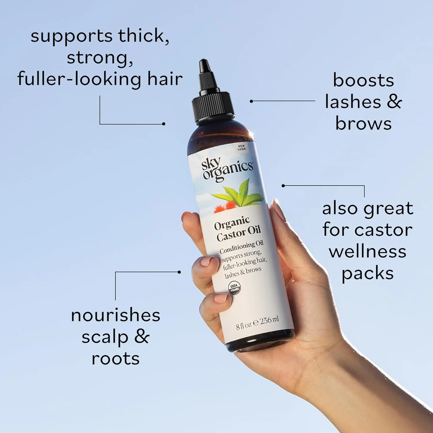 Sky Organics - Castor Oil Organic - Volumizing Hair Oil - Scalp, Lashes, Brows - Pure Castor Oil Cold Pressed - Natural Conditioner - Omega Fatty Acids, Vegan - Beauty, Hair Care - 8oz w ebook