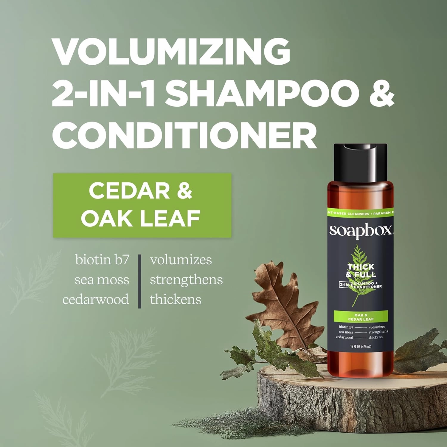 Soapbox Men's Thick and Full 2 in 1 Shampoo and Conditioner Men, Natural Mens Shampoo and Conditioner, Oak & Cedar Leaf, 16oz