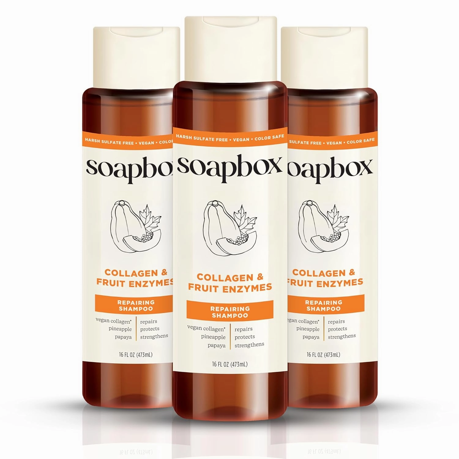 Soapbox Shampoo Collagen   Fruit Enzymes Repairing Shampoo for Dry, Fine or Thin Hair, Strengthening with Collagen and Peptides for Fuller Looking Hair, 3 Pack, 16oz Each