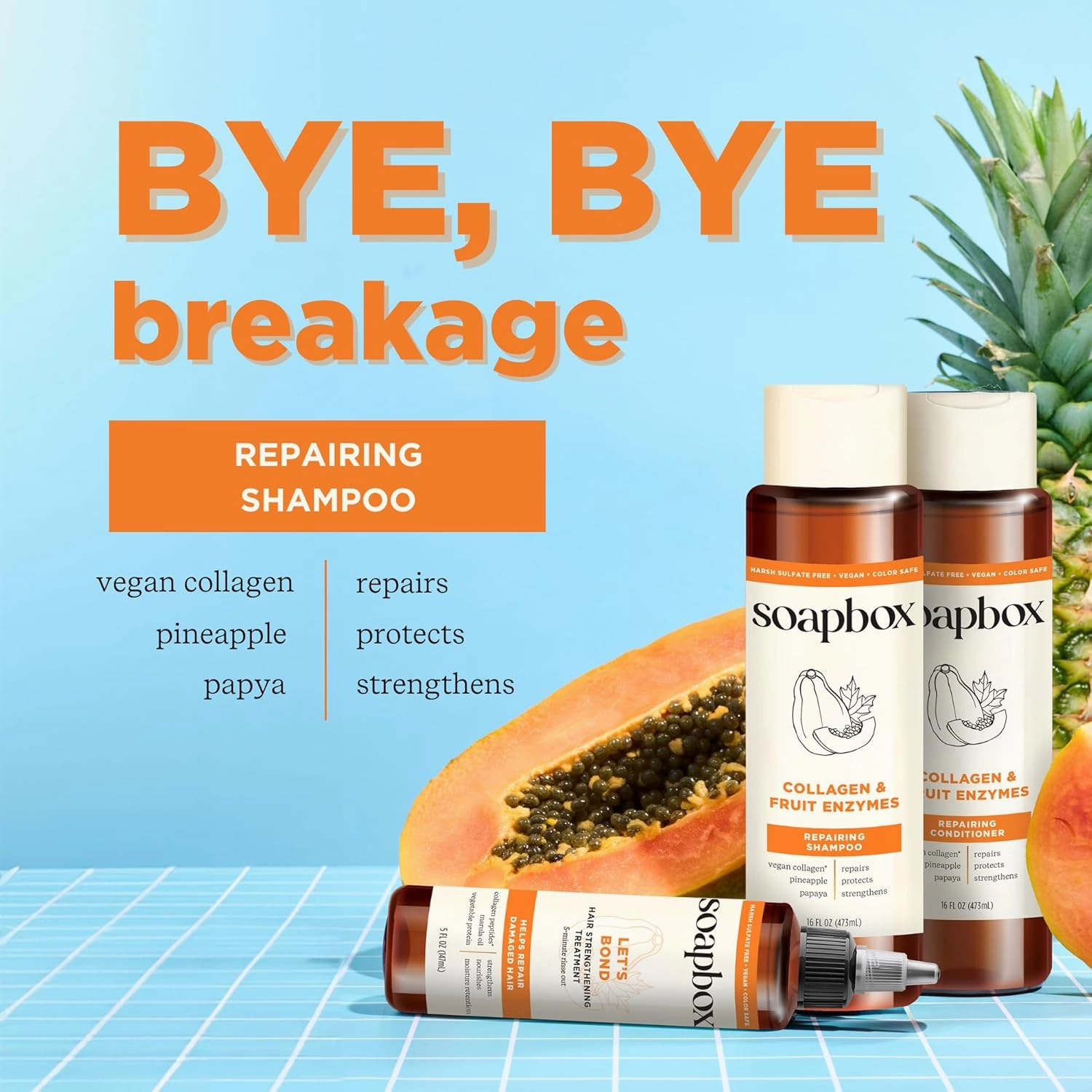 Soapbox Shampoo Collagen   Fruit Enzymes Repairing Shampoo for Dry, Fine or Thin Hair, Strengthening with Collagen and Peptides for Fuller Looking Hair, 3 Pack, 16oz Each