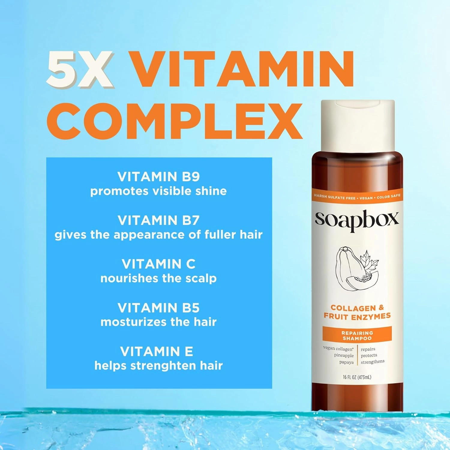 Soapbox Shampoo Collagen   Fruit Enzymes Repairing Shampoo for Dry, Fine or Thin Hair, Strengthening with Collagen and Peptides for Fuller Looking Hair, 3 Pack, 16oz Each