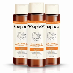 Soapbox Shampoo Collagen   Fruit Enzymes Repairing Shampoo for Dry, Fine or Thin Hair, Strengthening with Collagen and Peptides for Fuller Looking Hair, 3 Pack, 16oz Each