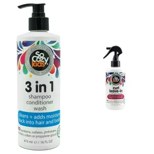 SoCozy 3in1 Shampoo   Conditioner   Body Wash For Kids Hair Cleans and Adds Moisture Back, Kiwi & Leave In Conditioner Spray - Paraben-Free Detangler for Kids' Curly Hair - Deep Conditioner