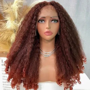 SOKU Afro Curly Lace Front Wig Synthetic Copper Red T Part 20 Inch Crimp to Curl Kinky Straight with Curly Ends Pre-plucked with Baby Hair Transparent Swiss Lace Yaki Texture Ginger Wigs for Women