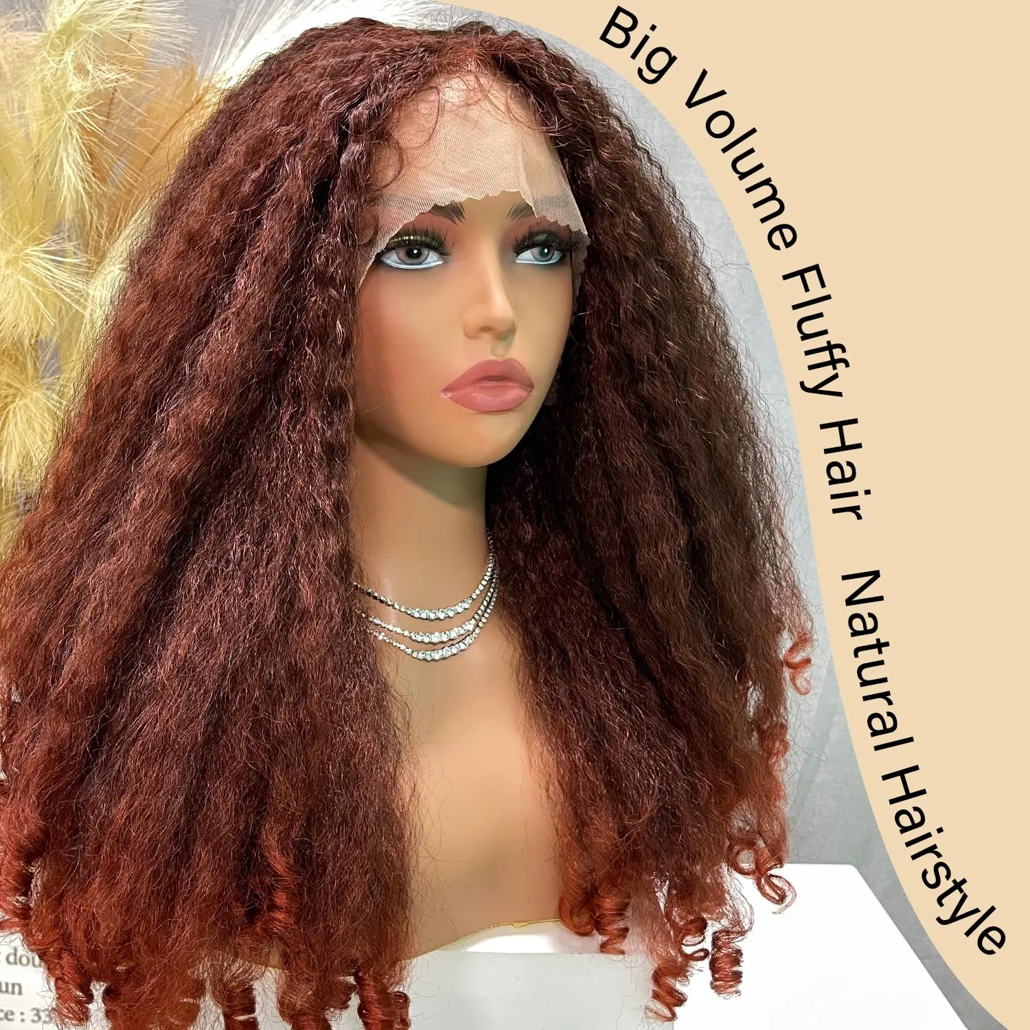 SOKU Afro Curly Lace Front Wig Synthetic Copper Red T Part 20 Inch Crimp to Curl Kinky Straight with Curly Ends Pre-plucked with Baby Hair Transparent Swiss Lace Yaki Texture Ginger Wigs for Women
