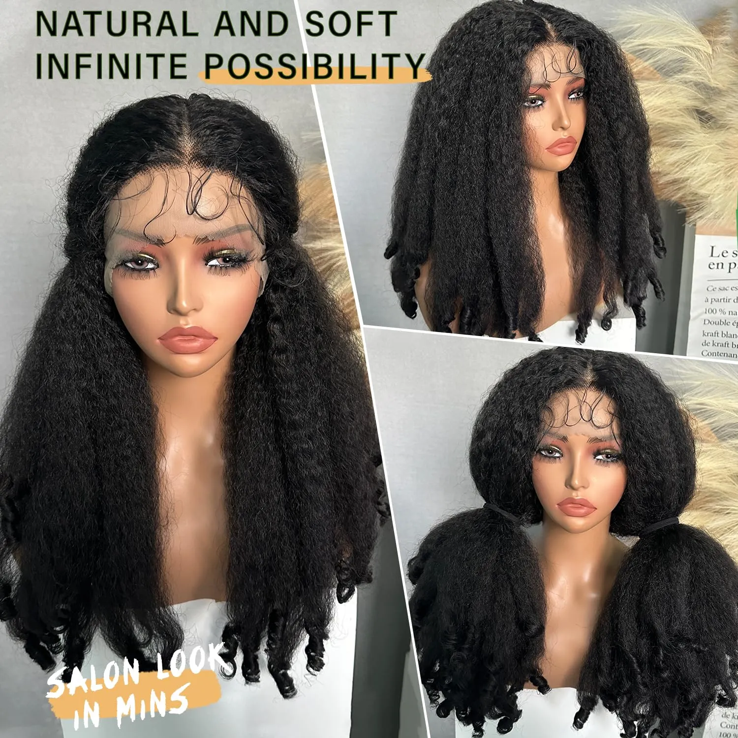 SOKU Afro Curly Lace Front Wig Synthetic T Part HD Transparent Lace Blends Kinky Straight Curly Ends Voluminous Bouncy Hair 20 Inch Natural Black Heat Friendly Black Women Must Have