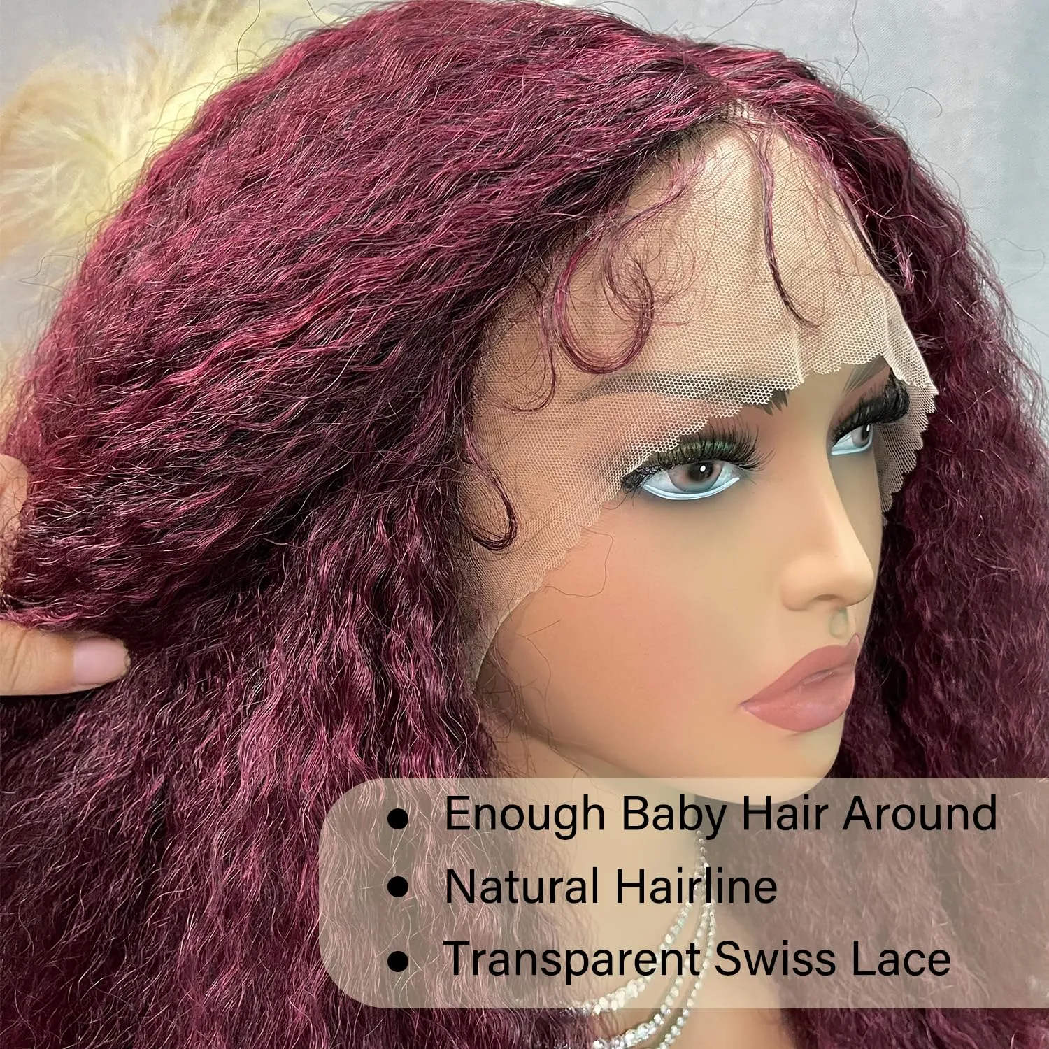 SOKU Crimp to Curl T Part Lace Front Wig Synthetic 20 Inch Red Burgundy Afro Kinky Straight with Curly End Wigs Pre-plucked Transparent Lace with Baby Hair Yaki Straight Wigs for Women