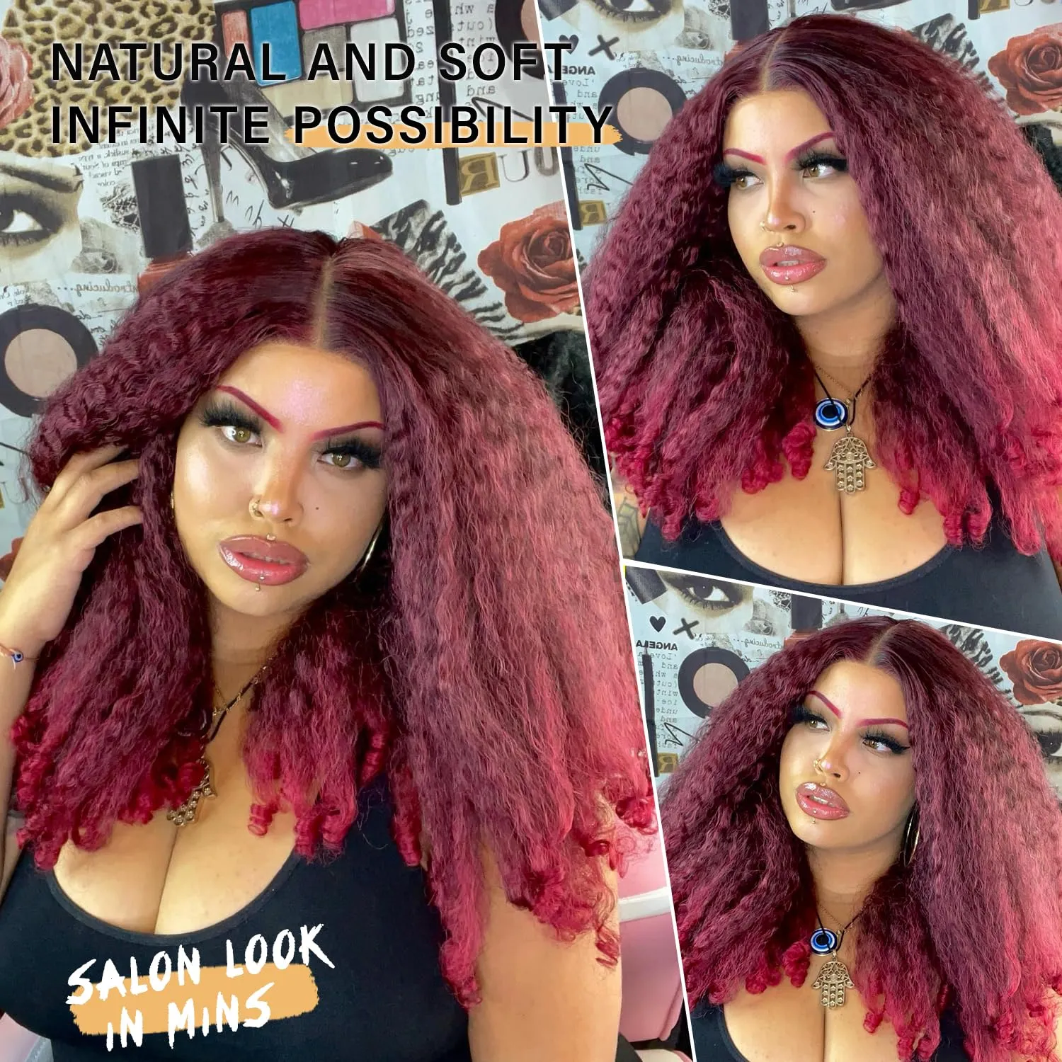 SOKU Crimp to Curl T Part Lace Front Wig Synthetic 20 Inch Red Burgundy Afro Kinky Straight with Curly End Wigs Pre-plucked Transparent Lace with Baby Hair Yaki Straight Wigs for Women