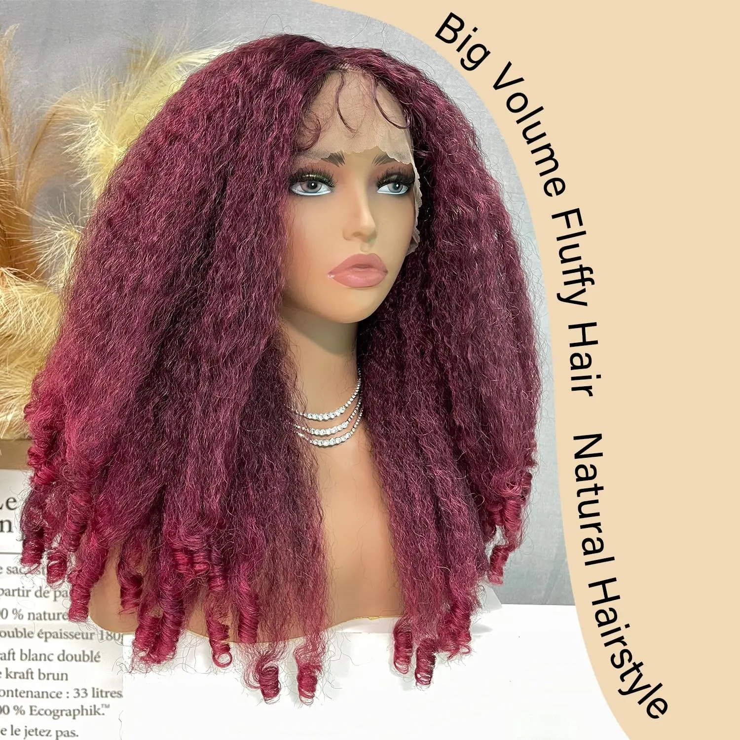 SOKU Crimp to Curl T Part Lace Front Wig Synthetic 20 Inch Red Burgundy Afro Kinky Straight with Curly End Wigs Pre-plucked Transparent Lace with Baby Hair Yaki Straight Wigs for Women