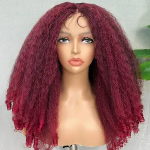 SOKU Crimp to Curl T Part Lace Front Wig Synthetic 20 Inch Red Burgundy Afro Kinky Straight with Curly End Wigs Pre-plucked Transparent Lace with Baby Hair Yaki Straight Wigs for Women