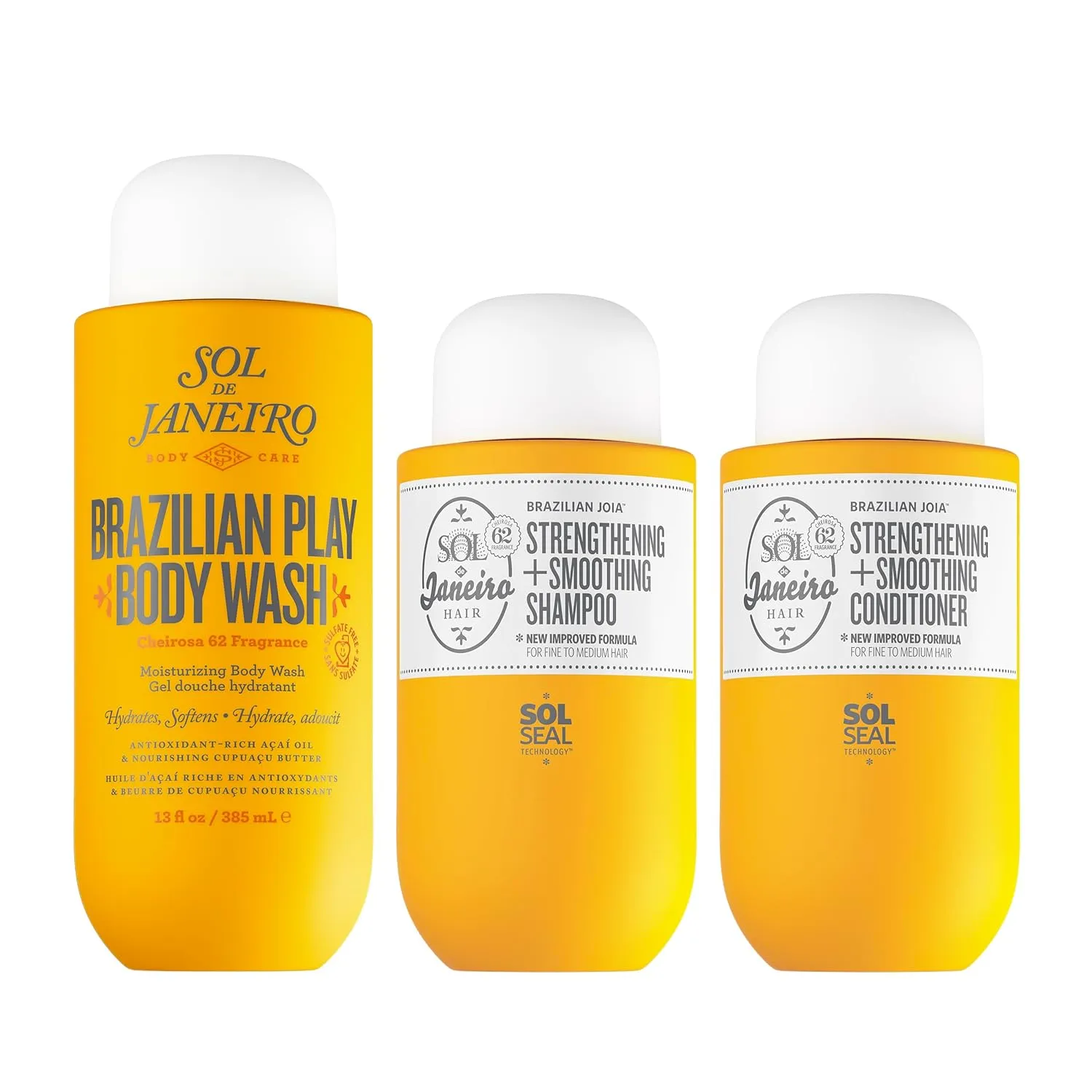 SOL DE JANEIRO Ultimate Shower Bundle | Full Size Brazilian Play Moisturizing Shower Cream Gel Body Wash   Brazilian Joia Damage Repairing Shampoo and Conditioner Set