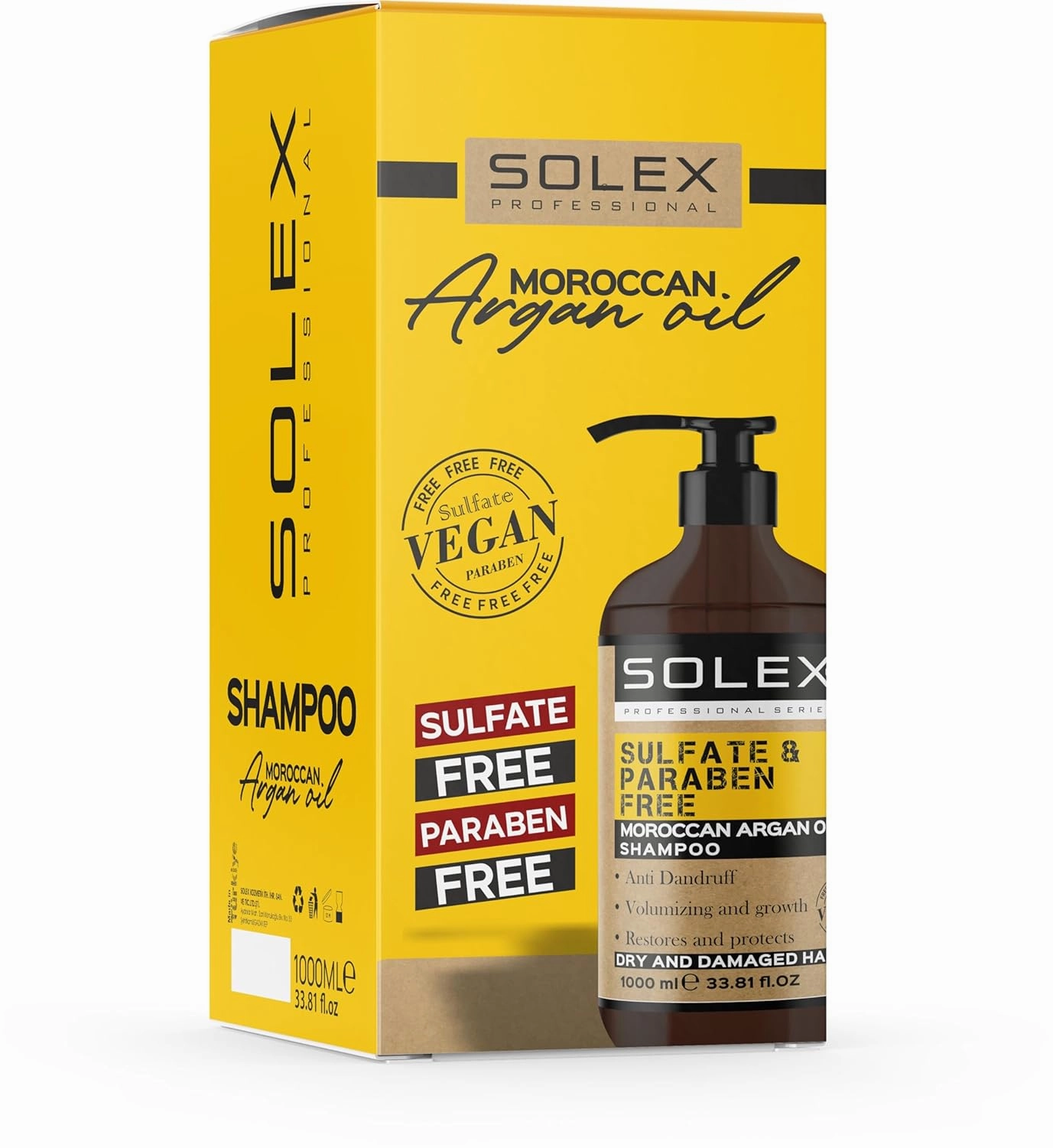 SOLEX Moroccan Argan Oil Shampoo - Sulfate & Paraben Free - Anti Dandruff - Treatment for Men & Women Hair Thickening Volumizing Products, (1 pack x 33.8 Fl Oz. / 1000 mL)