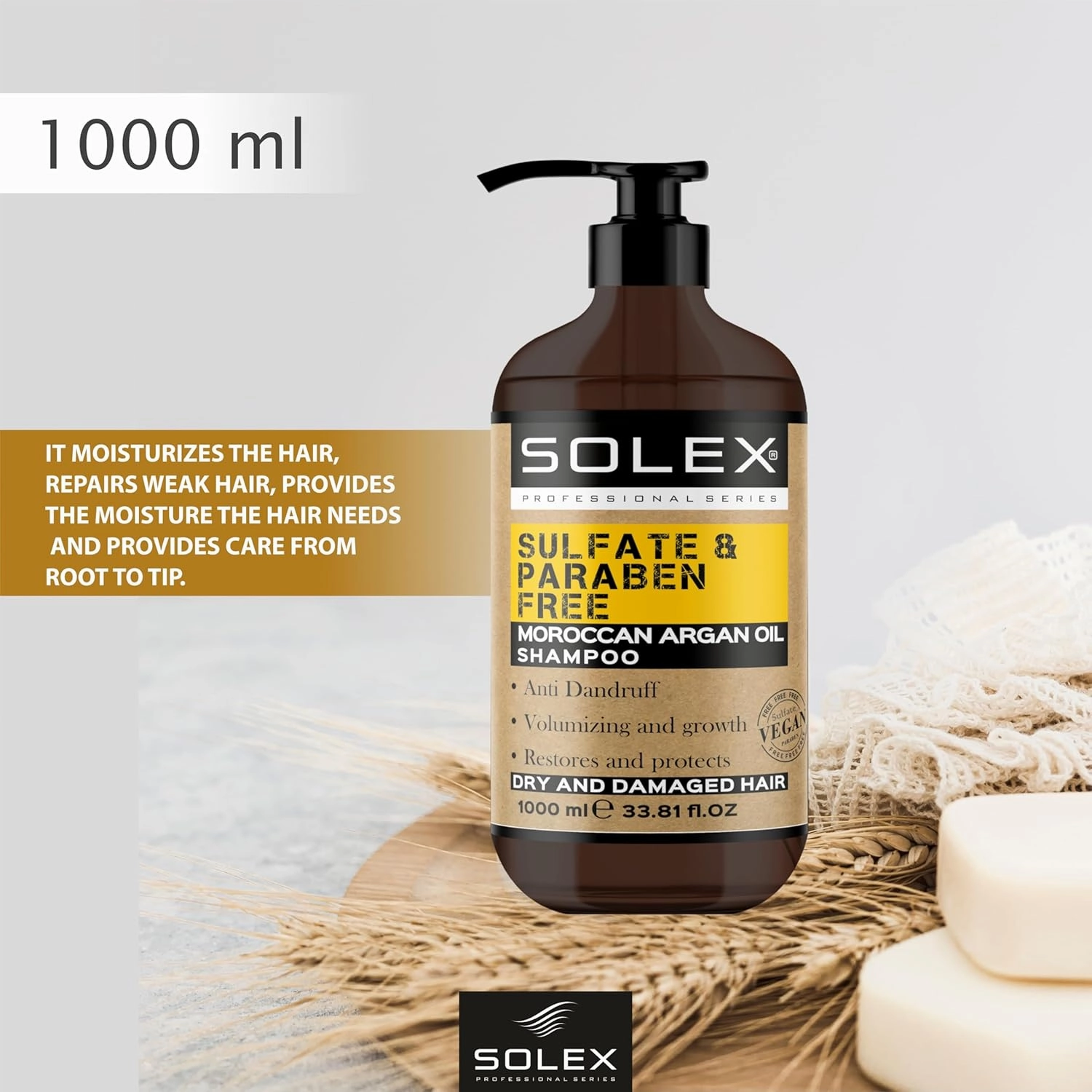 SOLEX Moroccan Argan Oil Shampoo - Sulfate & Paraben Free - Anti Dandruff - Treatment for Men & Women Hair Thickening Volumizing Products, (1 pack x 33.8 Fl Oz. / 1000 mL)