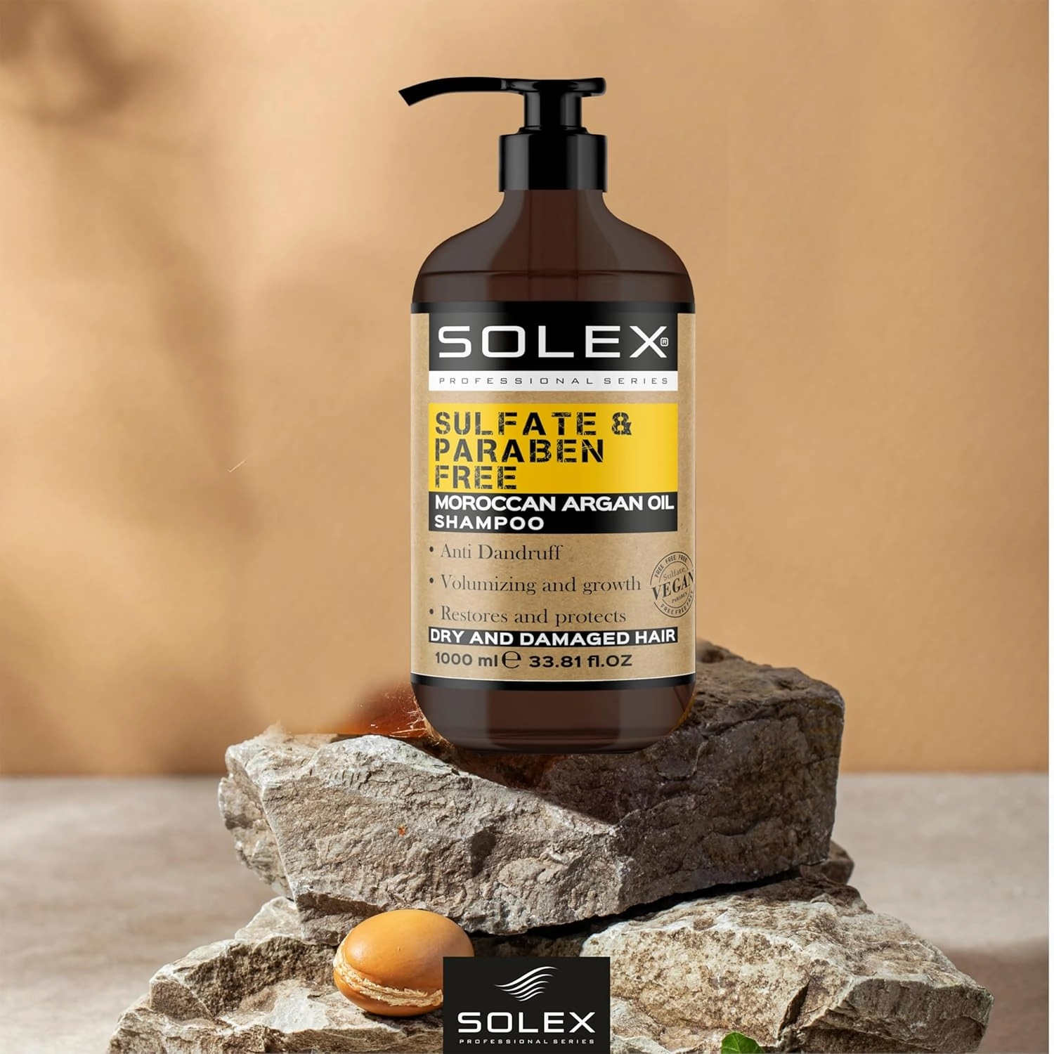 SOLEX Moroccan Argan Oil Shampoo - Sulfate & Paraben Free - Anti Dandruff - Treatment for Men & Women Hair Thickening Volumizing Products, (1 pack x 33.8 Fl Oz. / 1000 mL)