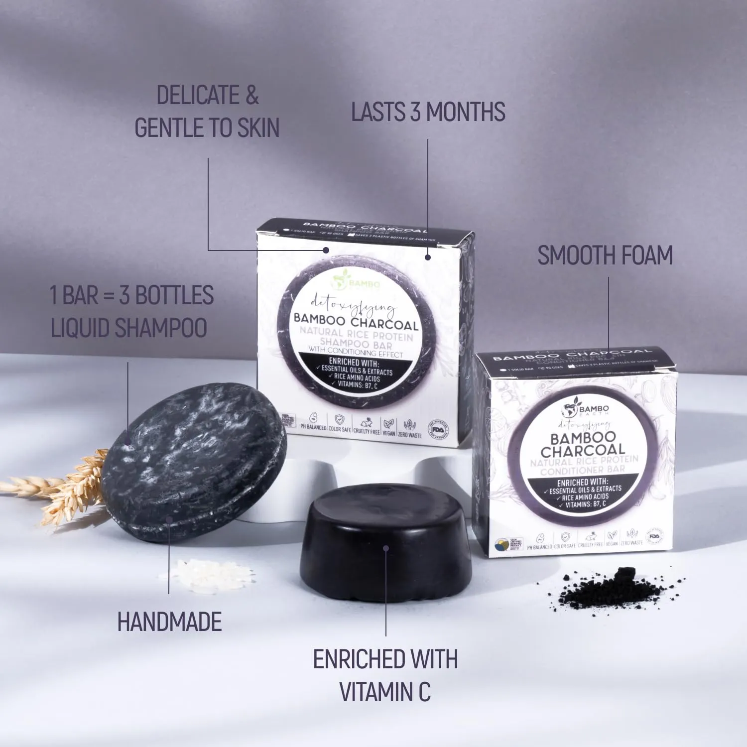 Solid Rice Protein Water Shampoo & Conditioner Hair Soap – Shampoo and Conditioner Bars For Hair With All Natural Plant Based Essential Oils And Zero Waste Packaging (Bamboo Charcoal)