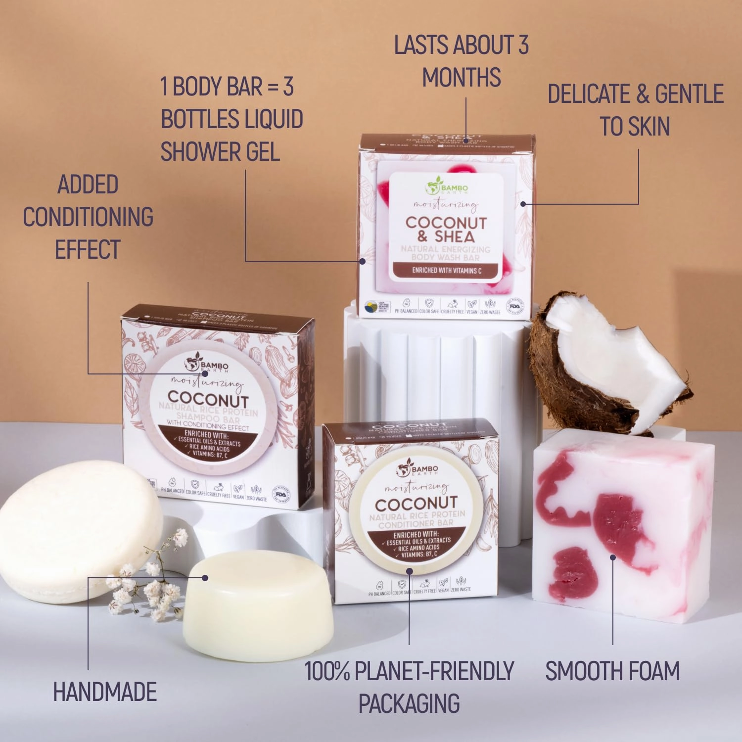 Solid Rice Protein Shampoo, Conditioner and Body Wash Bundle | Shampoo, Conditioner & Wash Bars For Hair and Body w/All Natural Plant Based Essential Oils & Zero Waste Packaging (Coconut & Shea)