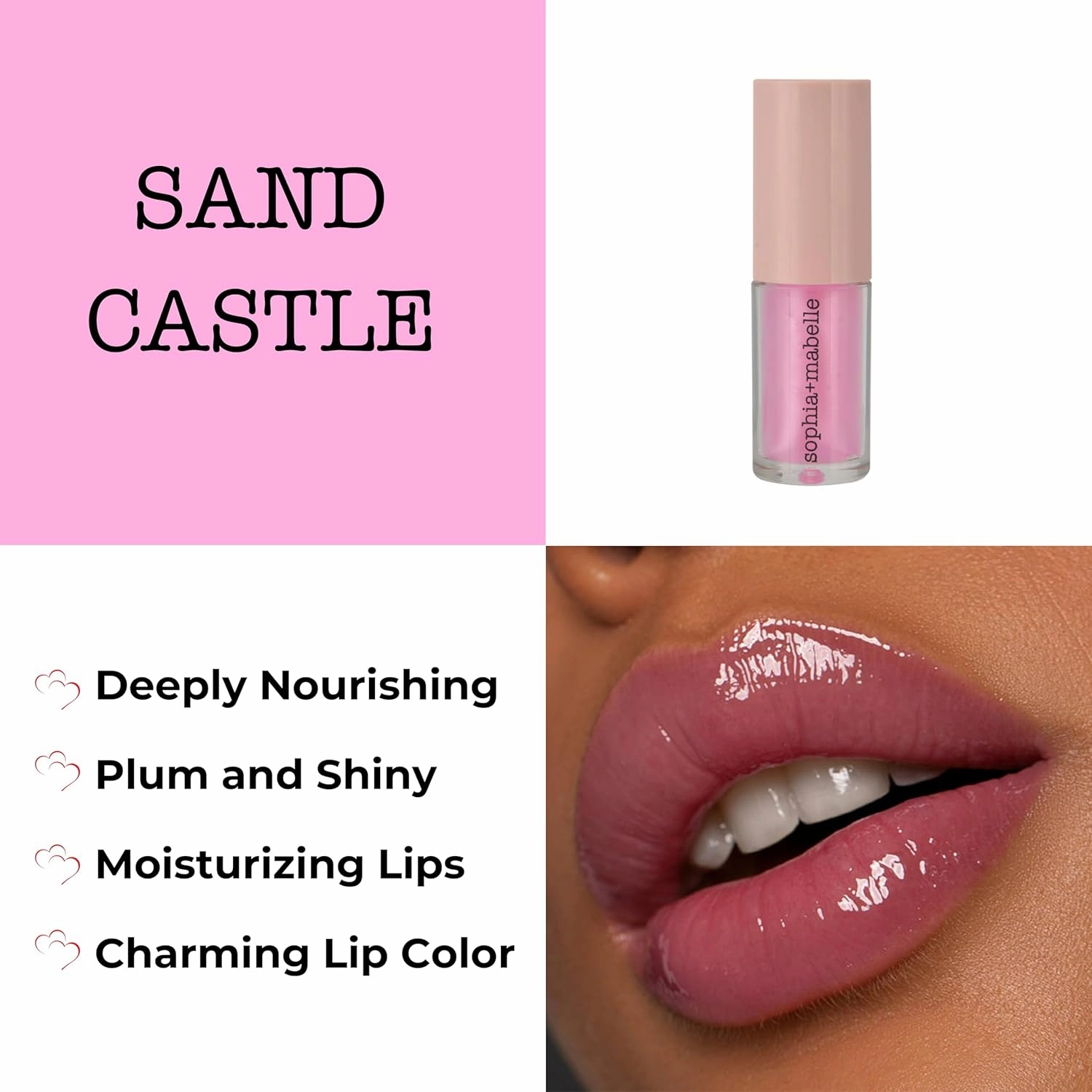 Sophia   Mabelle Hydrating Lip Oil – Lightweight, Non-Sticky & High-Shine Lip Gloss Oil – Moisturizing, Nourishing, Soothing Tinted Formula for Soft Lips – 3.7g (Sandcastle (Baby Pink), 3.7g)