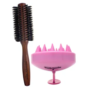 Spornette Deville 2 Inch Round Boar Bristle Bundle with Scalp Massager Shampoo Brush Pink