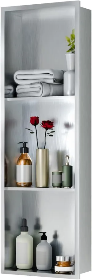 Stainless Steel Shower Niches Ready for Tile, 12" X 36" Modern Soap Niche, 3-Tier Shelf Organizer, No Tile Needed Recessed Wall Niche for Bathroom Storage, Brushed