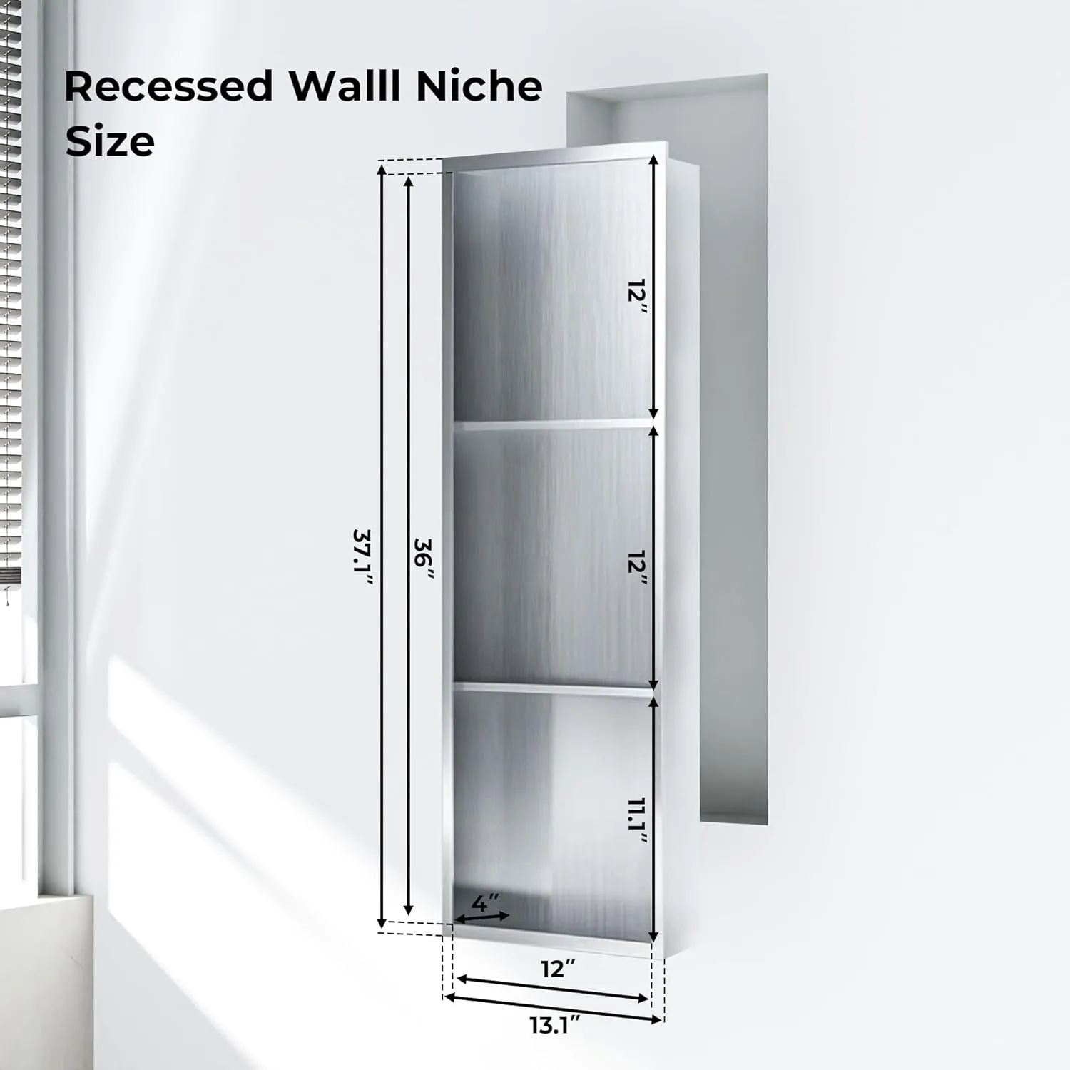 Stainless Steel Shower Niches Ready for Tile, 12" X 36" Modern Soap Niche, 3-Tier Shelf Organizer, No Tile Needed Recessed Wall Niche for Bathroom Storage, Brushed