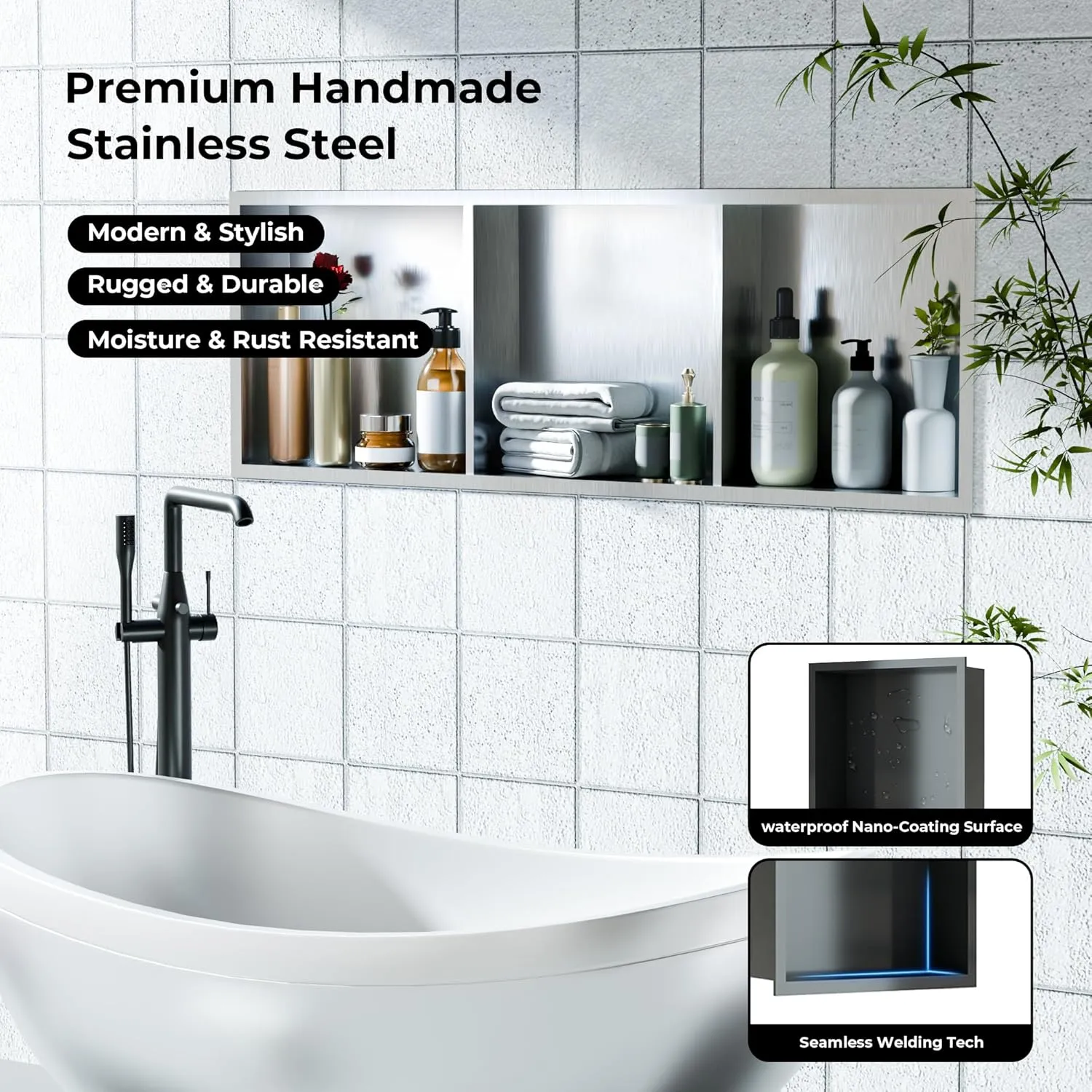Stainless Steel Shower Niches Ready for Tile, 12" X 36" Modern Soap Niche, 3-Tier Shelf Organizer, No Tile Needed Recessed Wall Niche for Bathroom Storage, Brushed