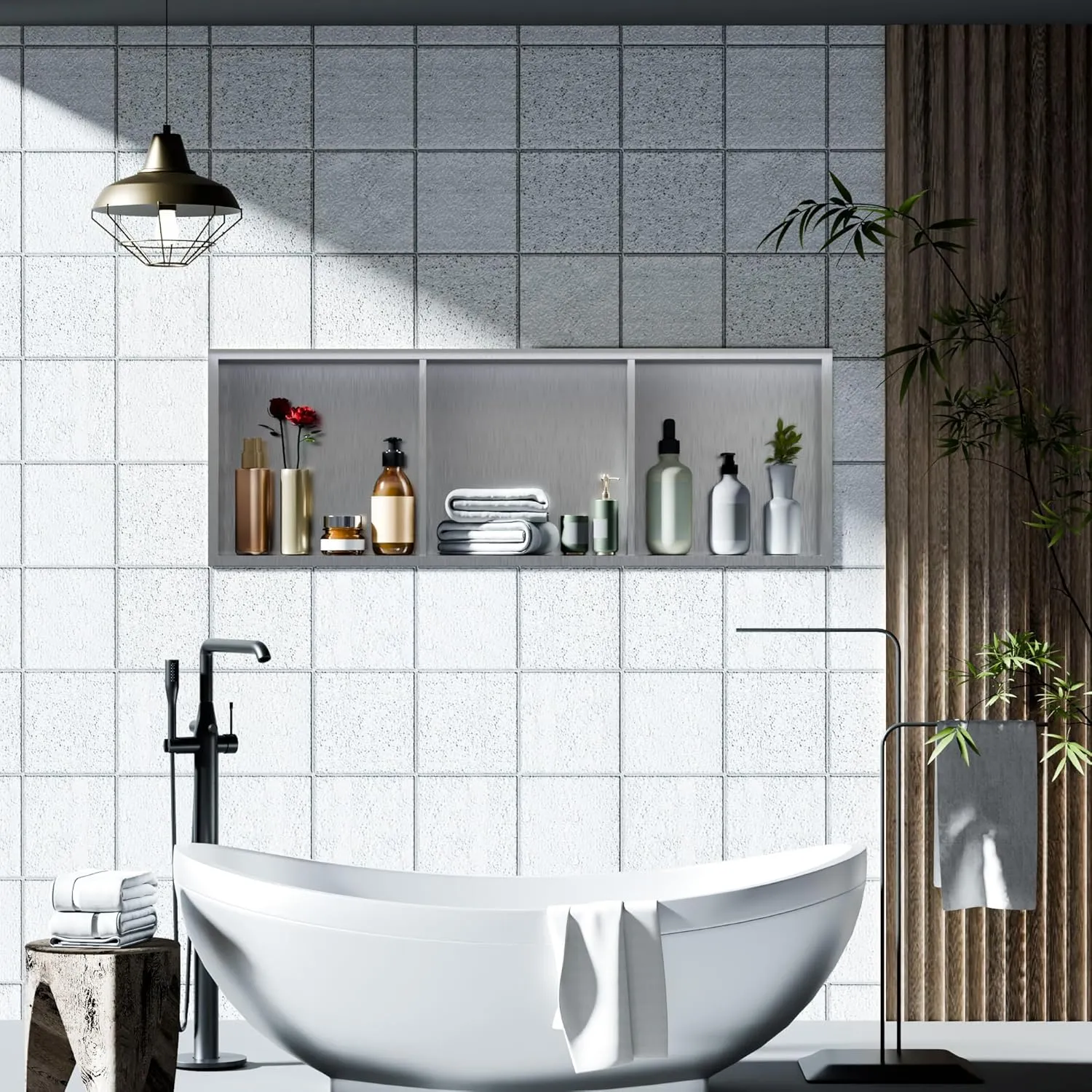 Stainless Steel Shower Niches Ready for Tile, 12" X 36" Modern Soap Niche, 3-Tier Shelf Organizer, No Tile Needed Recessed Wall Niche for Bathroom Storage, Brushed