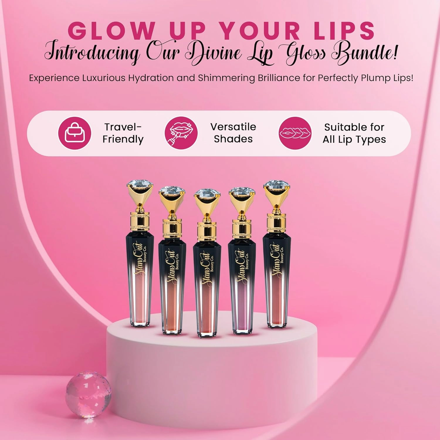StansOut Diamond Lustre Lip Gloss Bundle - 5 Pack - Fancy Warm, Light, Pink, Sugar, Bare - Vitamin E & Argan Oil Infused - Long-Lasting Lustrous Shine - Hydrating Formula - Portable Elegance