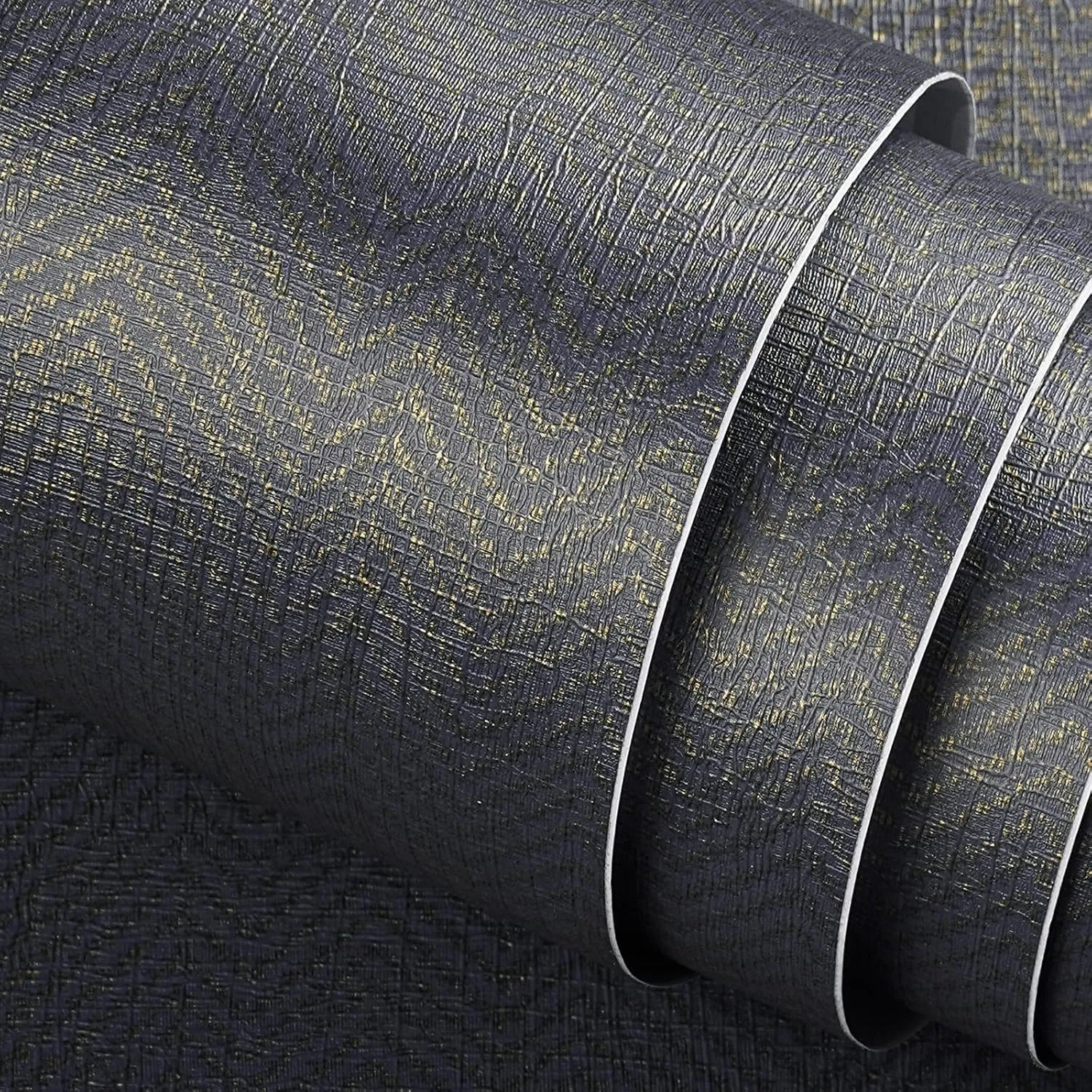 Stickyart Gold Blue Wallpaper Peel and Stick 24"x160" Herringbone Grasscloth Wallpaper Denim Blue Grasscloth Contact Paper Faux Linen Fabric Wall Paper Grass Cloth Peel and Stick Textured for Walls
