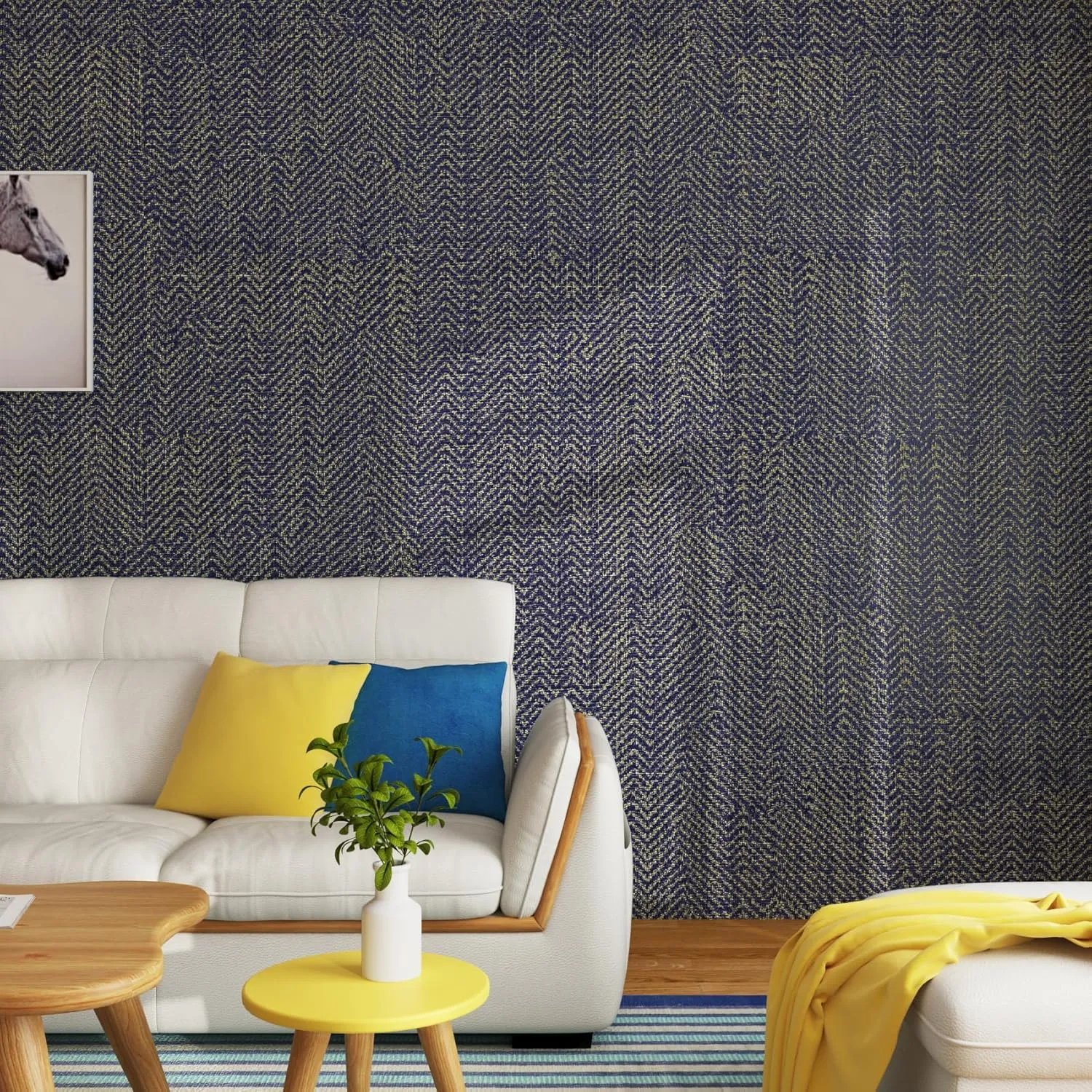Stickyart Gold Blue Wallpaper Peel and Stick 24"x160" Herringbone Grasscloth Wallpaper Denim Blue Grasscloth Contact Paper Faux Linen Fabric Wall Paper Grass Cloth Peel and Stick Textured for Walls