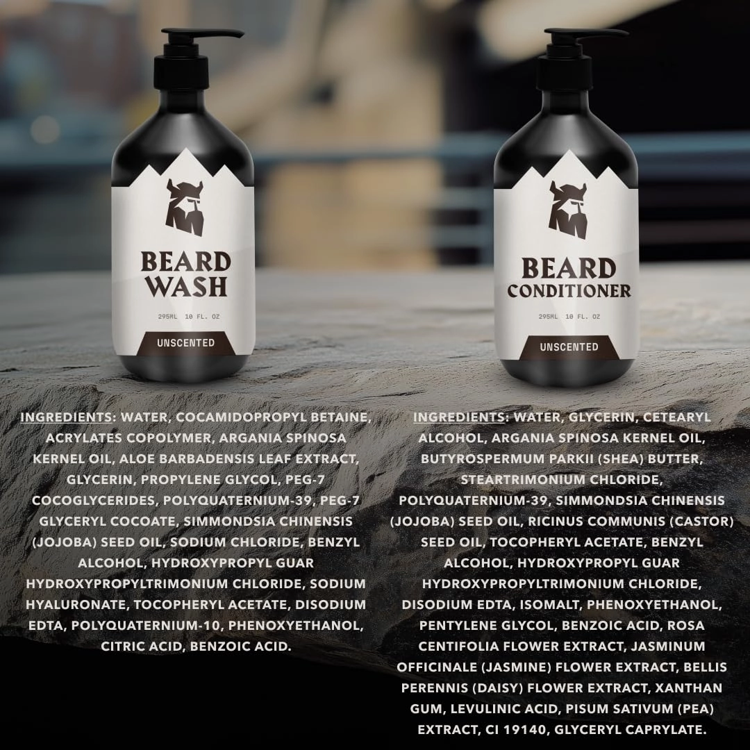 Striking Viking Beard Wash & Beard Conditioner for Men - Unscented, 10 Oz per Bottle - Nourishing & Deep Cleansing Shampoo - Sulfate Free Shampoo Conditioner with Jojoba Oil