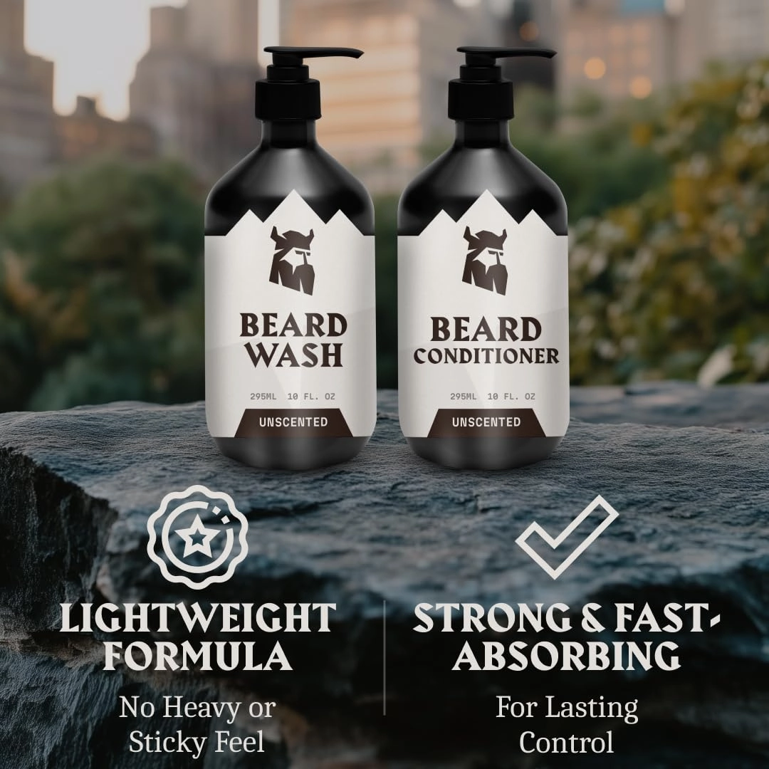 Striking Viking Beard Wash & Beard Conditioner for Men - Unscented, 10 Oz per Bottle - Nourishing & Deep Cleansing Shampoo - Sulfate Free Shampoo Conditioner with Jojoba Oil