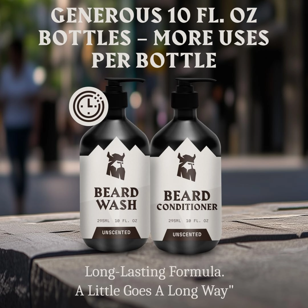 Striking Viking Beard Wash & Beard Conditioner for Men - Unscented, 10 Oz per Bottle - Nourishing & Deep Cleansing Shampoo - Sulfate Free Shampoo Conditioner with Jojoba Oil