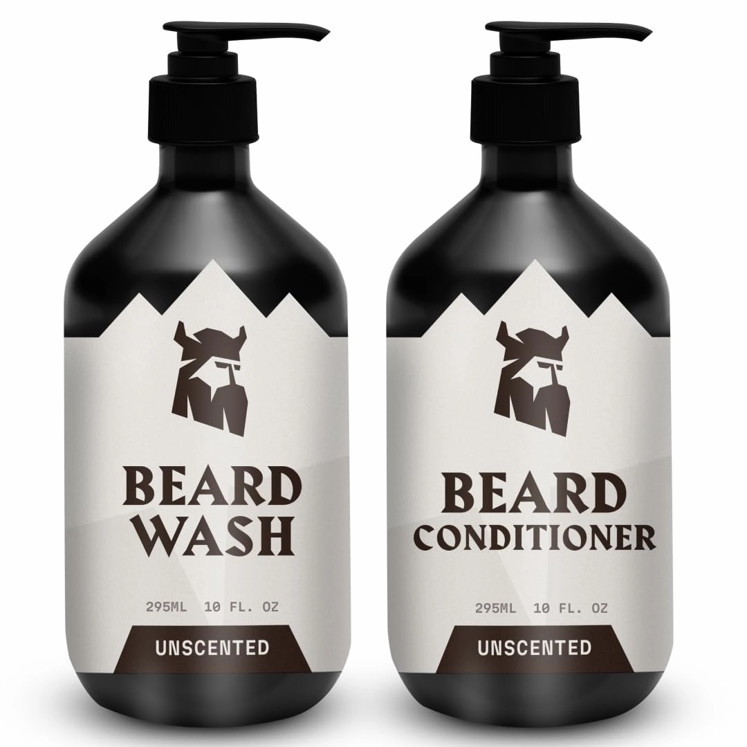 Striking Viking Beard Wash & Beard Conditioner for Men - Unscented, 10 Oz per Bottle - Nourishing & Deep Cleansing Shampoo - Sulfate Free Shampoo Conditioner with Jojoba Oil