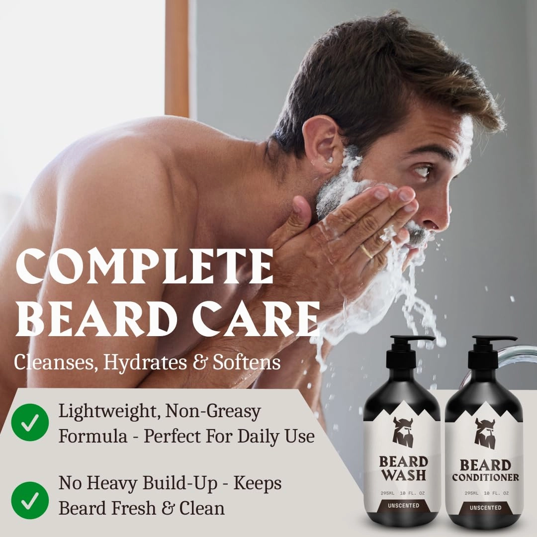 Striking Viking Beard Wash & Beard Conditioner for Men - Unscented, 10 Oz per Bottle - Nourishing & Deep Cleansing Shampoo - Sulfate Free Shampoo Conditioner with Jojoba Oil