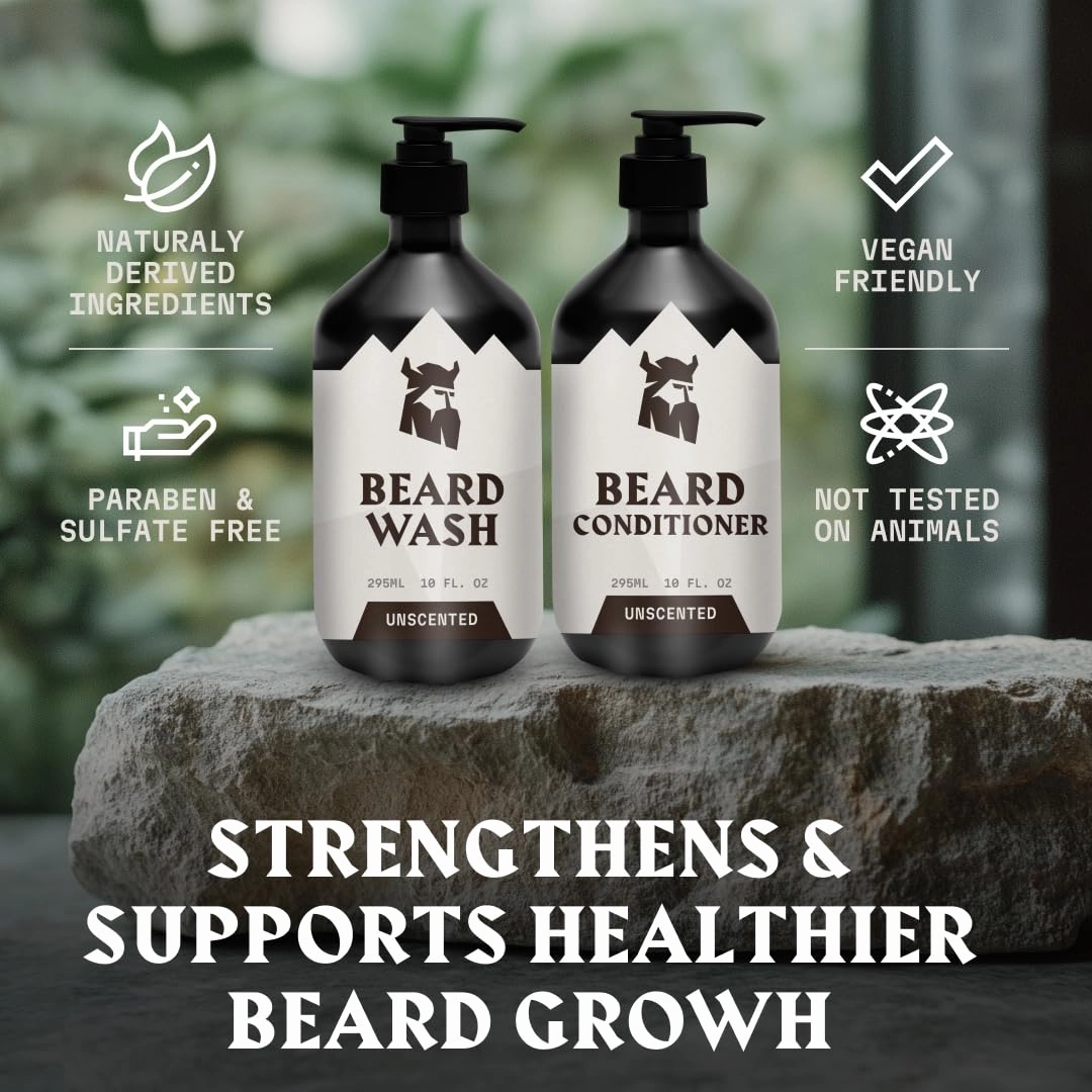 Striking Viking Beard Wash & Beard Conditioner for Men - Unscented, 10 Oz per Bottle - Nourishing & Deep Cleansing Shampoo - Sulfate Free Shampoo Conditioner with Jojoba Oil