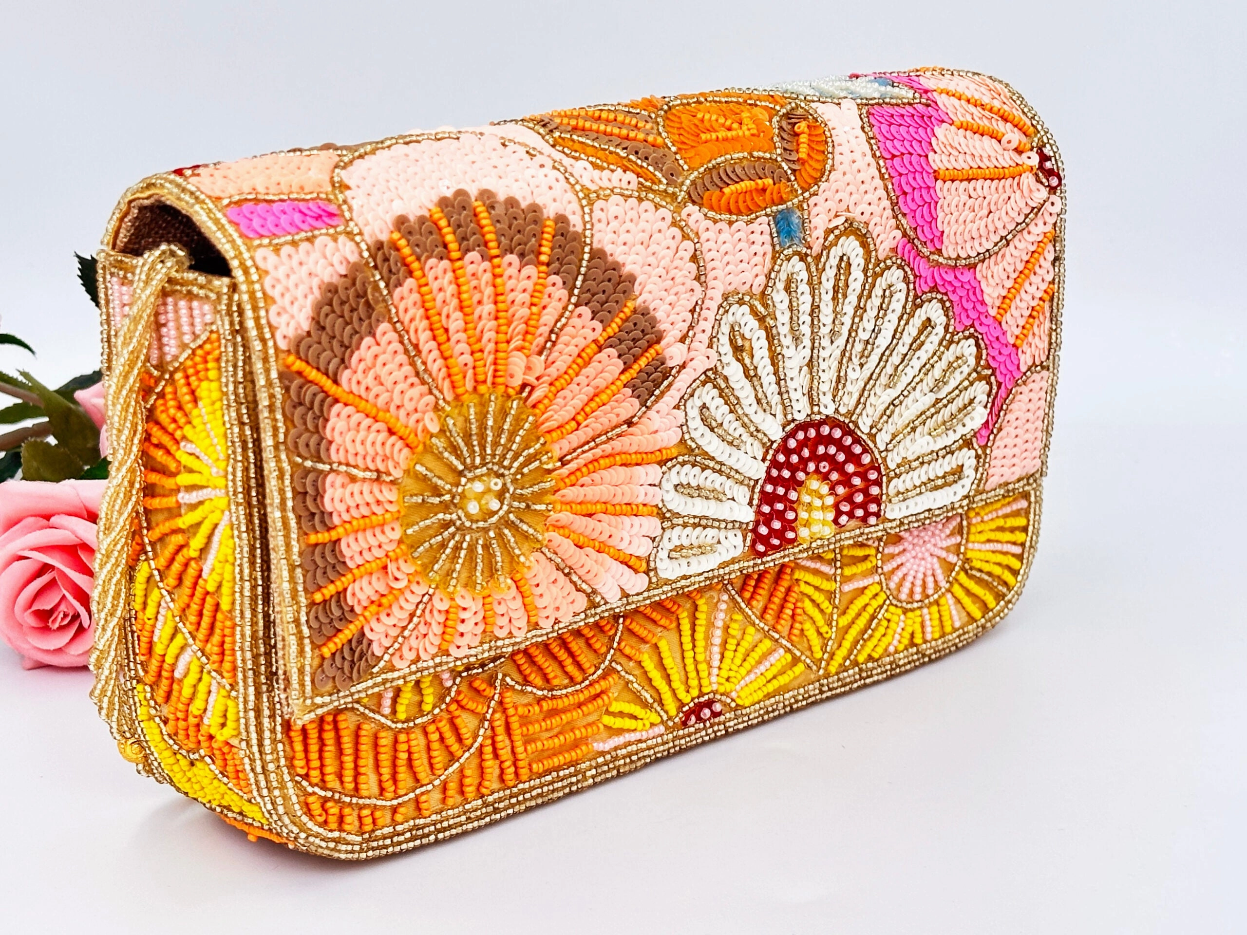 STUNNING BEADED FLOWER PINK AND PEACH PARTY CLUTCH