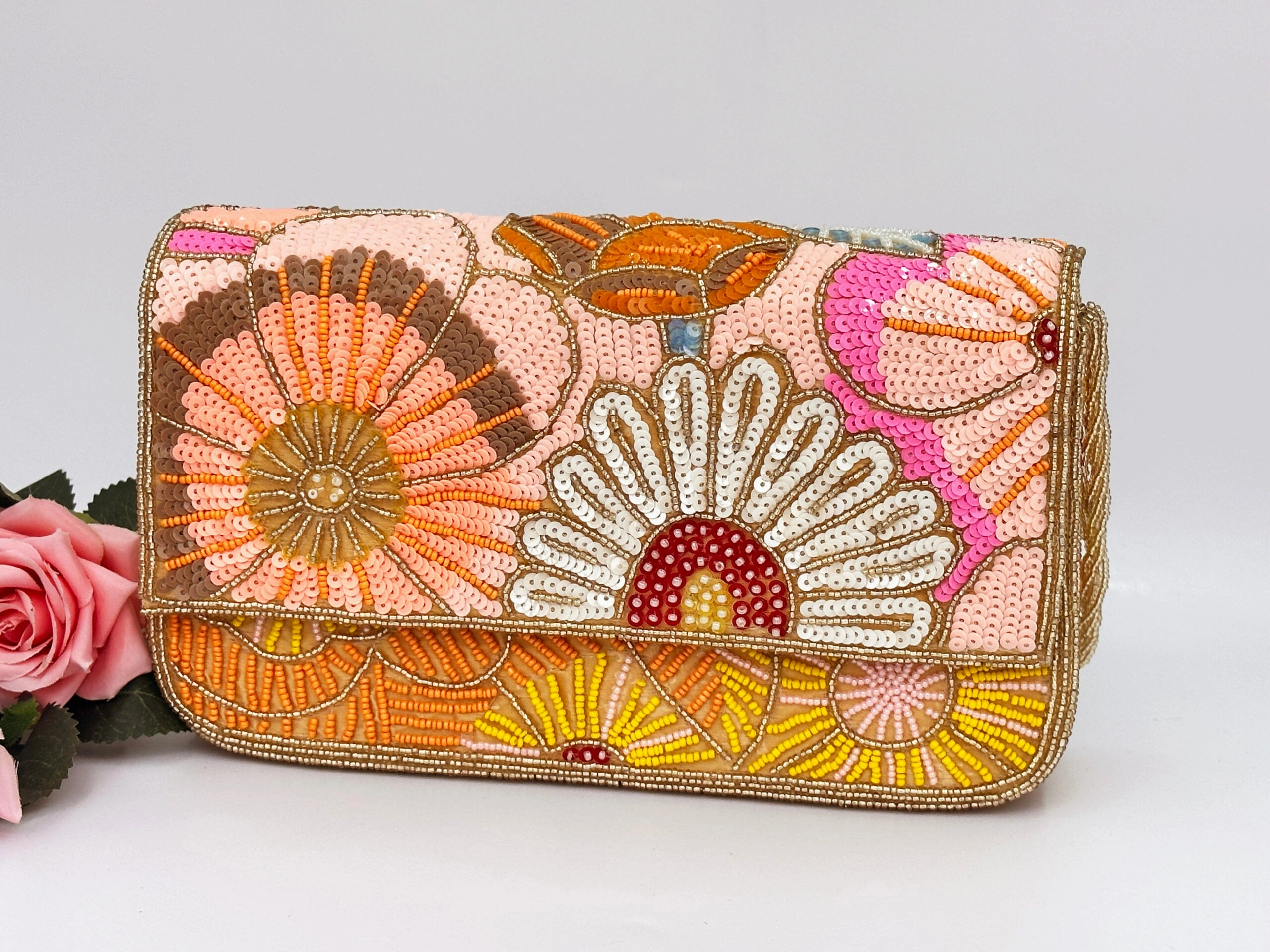 STUNNING BEADED FLOWER PINK AND PEACH PARTY CLUTCH