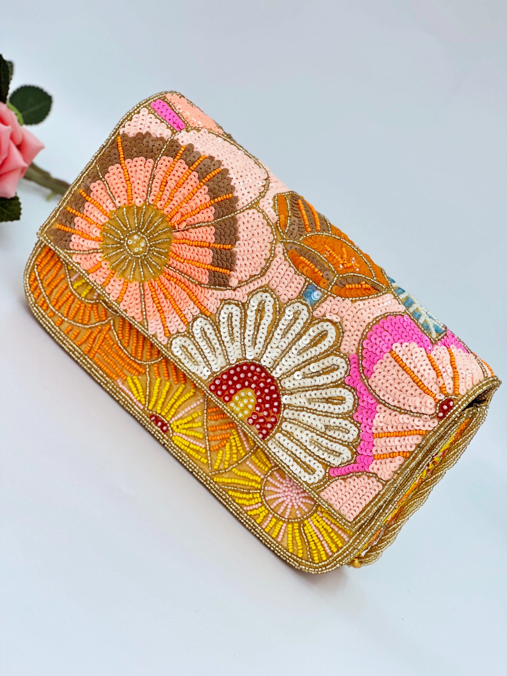 STUNNING BEADED FLOWER PINK AND PEACH PARTY CLUTCH