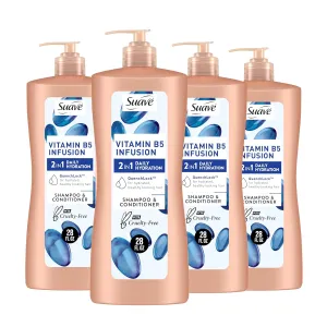 Suave 2-in-1 Moisture Shampoo & Conditioner with Vitamin B5 Infusion and pH Balanced Salon Formula, Anti-Frizz Cleansing for Dry Hair, 28 Oz (Pack of 4)