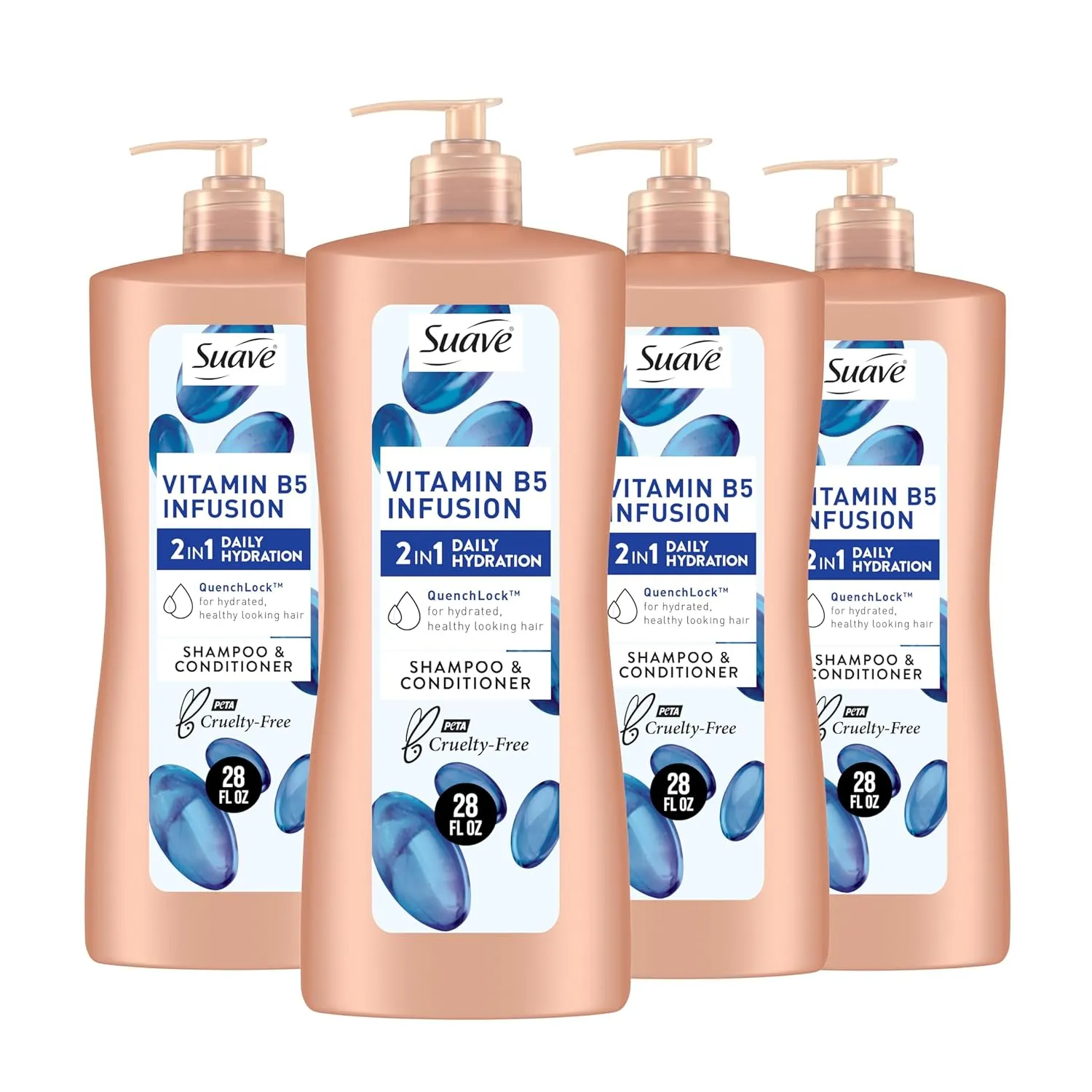 Suave 2-in-1 Moisture Shampoo & Conditioner with Vitamin B5 Infusion and pH Balanced Salon Formula, Anti-Frizz Cleansing for Dry Hair, 28 Oz (Pack of 4)