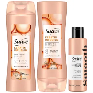 Suave Keratin Shampoo, Conditioner Set   Hair Smoothing Serum, Treatment for Dry, Damaged Hair (3 Piece Set)