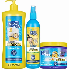 Suave Kids Minions Hair Products Bundle – 3-in-1 Coco-Craze Slime & Fun Fresh Shampoo, Conditioner & Body Wash   Detangler Spray, 28 Oz Ea (3 Piece Set)