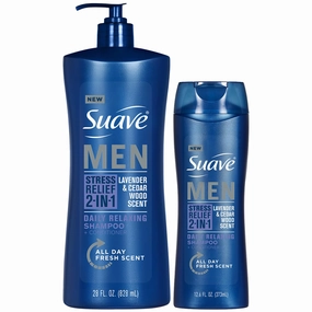 SUAVE Shampoo & Conditioner 2-in-1, Men’s Stress Relief – Daily Relaxing Hair Care, Lavender & Cedarwood Scent, 28 Oz Pump & 12.6 Oz Squeeze Bottle (2 Piece Set)