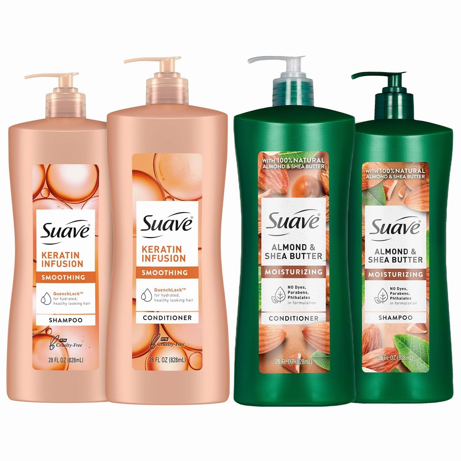 Suave Shampoo and Conditioner Set, Keratin Infusion   Almond & Shea Butter – Frizz Control and Moisturizing Hair Care Bundle, 28 Oz Ea (4 Piece Set)