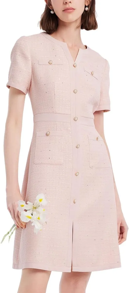 Summer Tweed Dresses for Women Short Sleeve A-Line Mini Crew Neck Lace Elegant Dress Casual Daily
