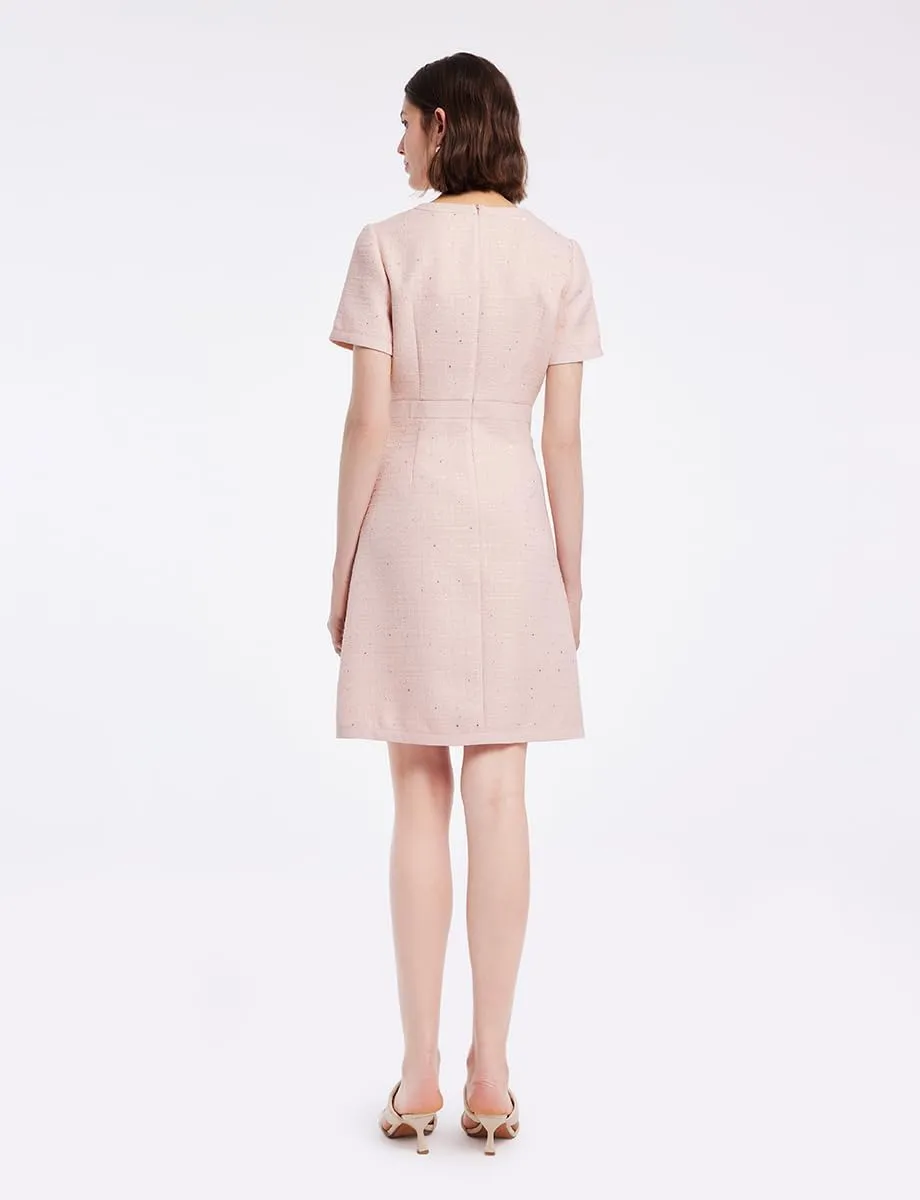 Summer Tweed Dresses for Women Short Sleeve A-Line Mini Crew Neck Lace Elegant Dress Casual Daily