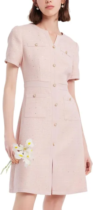 Summer Tweed Dresses for Women Short Sleeve A-Line Mini Crew Neck Lace Elegant Dress Casual Daily