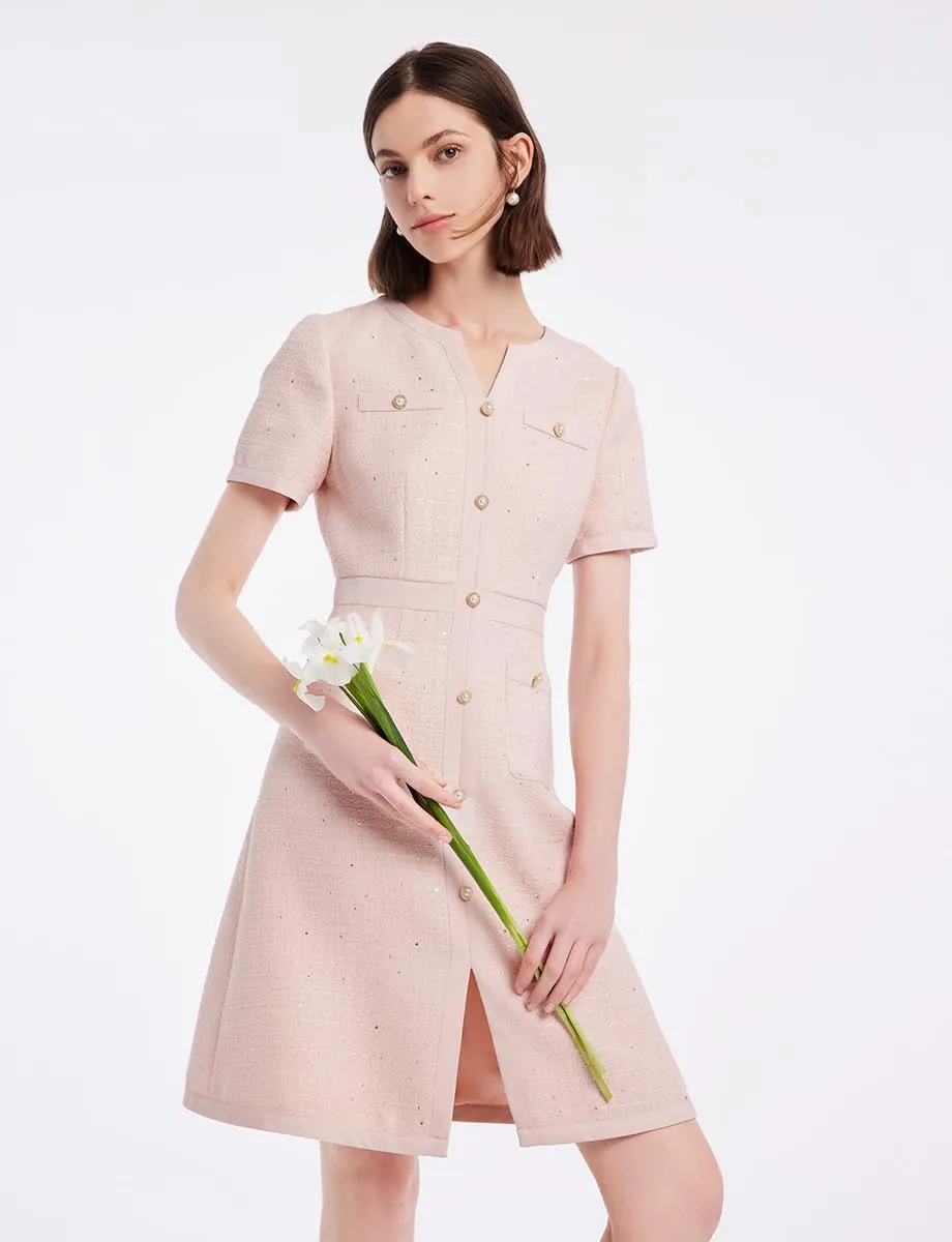Summer Tweed Dresses for Women Short Sleeve A-Line Mini Crew Neck Lace Elegant Dress Casual Daily